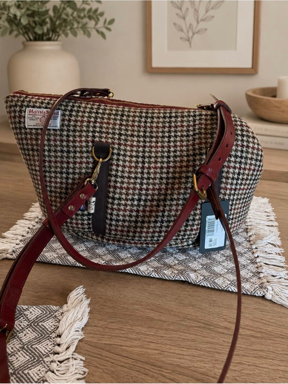 Harris Tweed Houndstooth Pet Carrier Shoulder Bag - Burgundy Trim size small